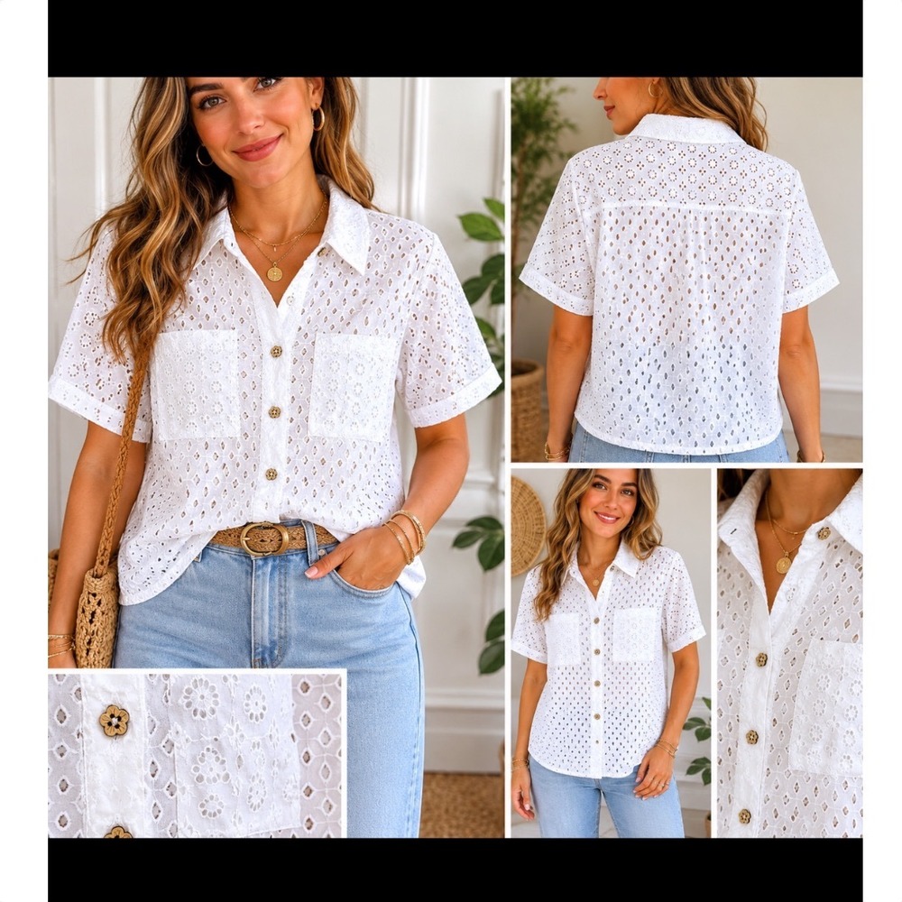Marled‎ White Eyelet Cotton Wood Shape Button Shirt Short Sleeve Floral Boho L